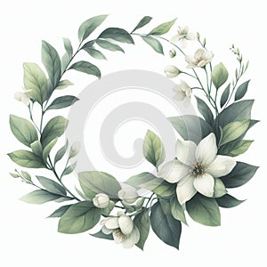 Watercolor wreath with jasmine flowers and green leaves isolated on white background.